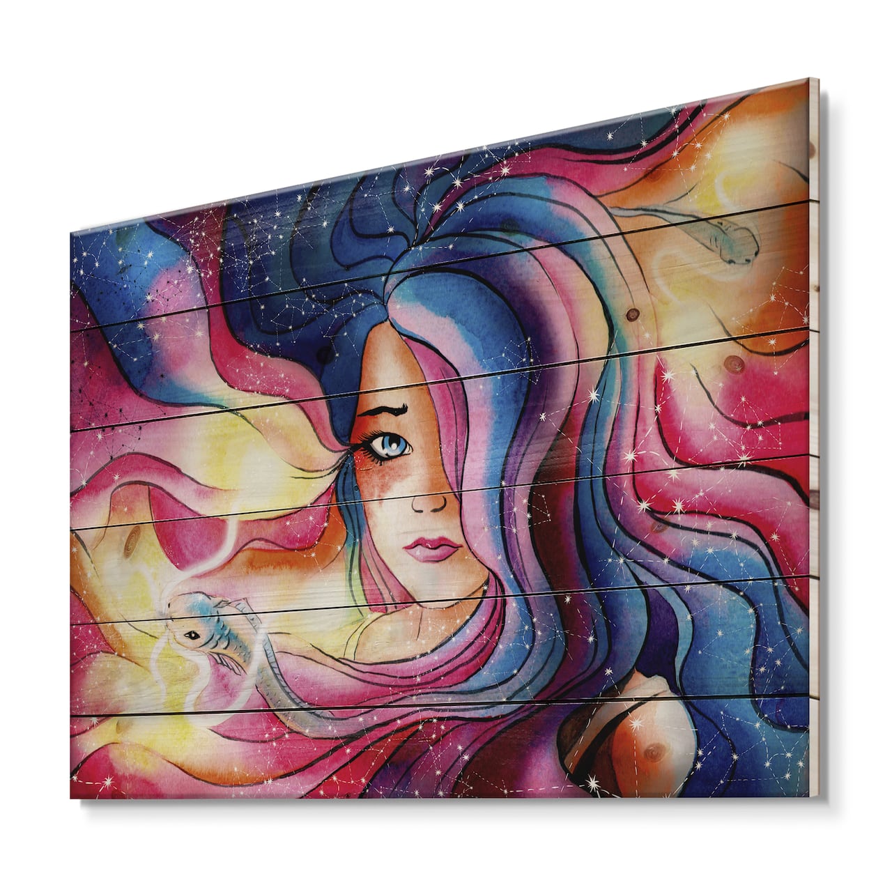 Designart - The Girl With The Glowing Hair - Modern Print on Natural Pine Wood